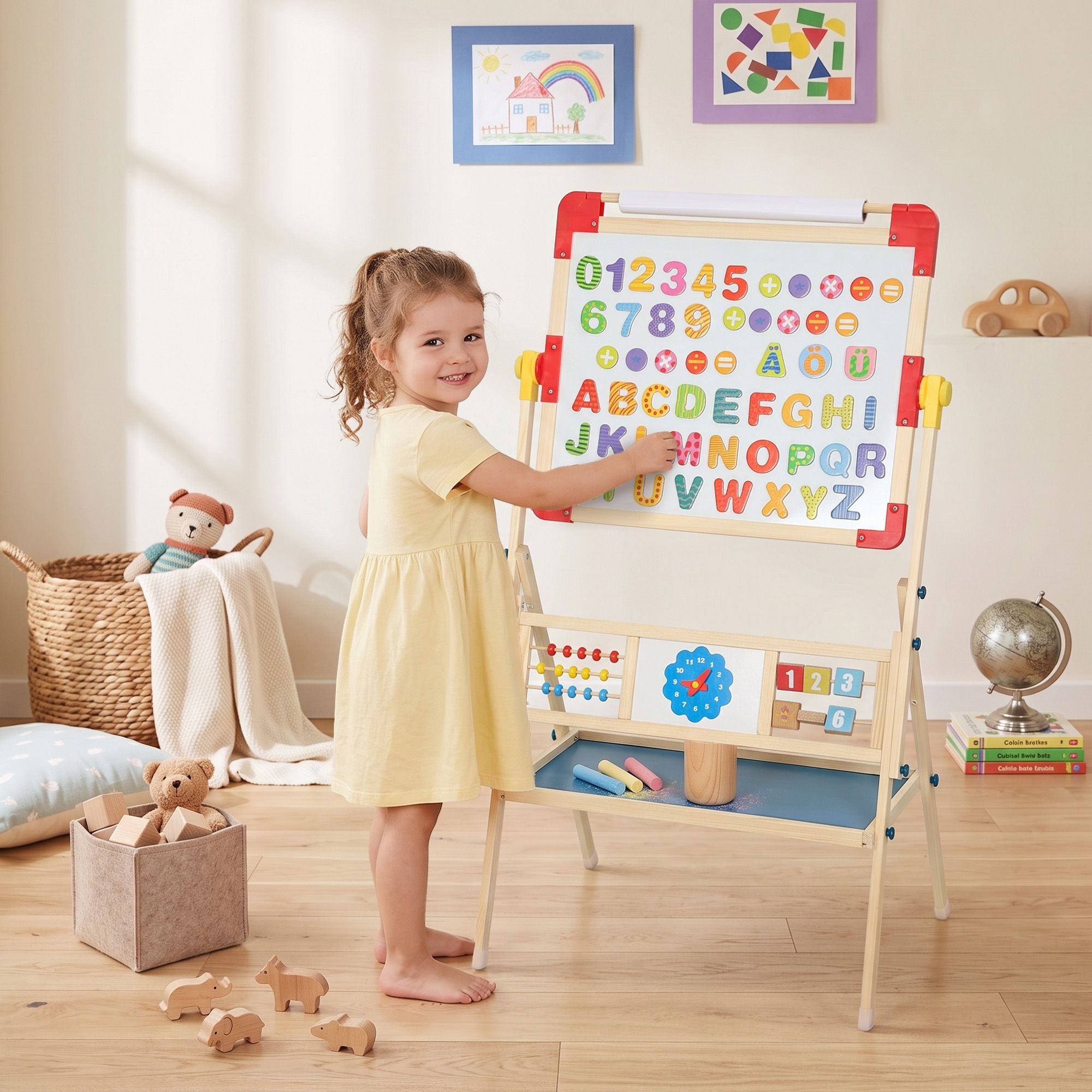 Art Easel for Kids, 360° Rotating Double Sided Kids Easel with Magnetic Whiteboard, Chalkboard, Storage Box, Natural Secondary image