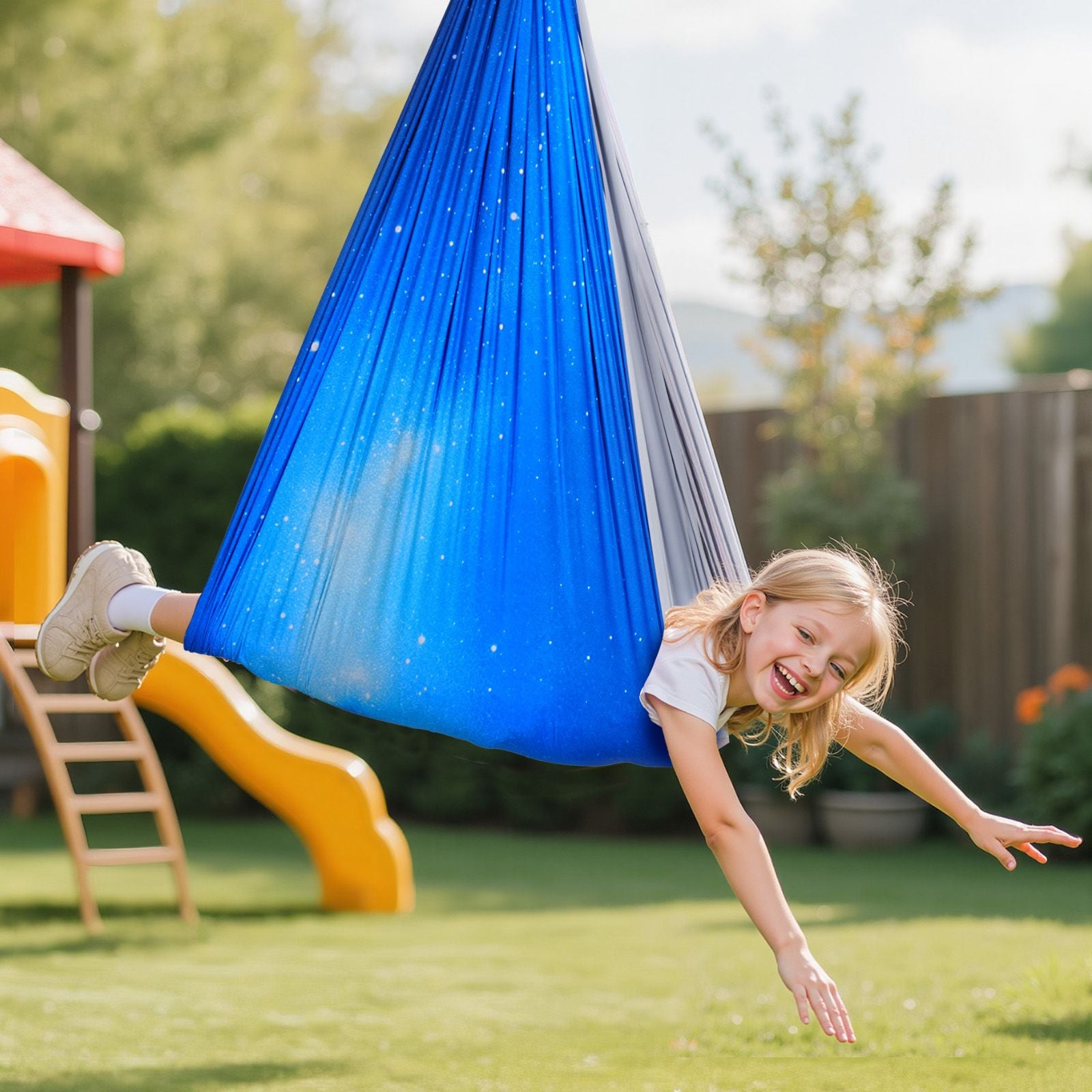 Sensory Swing, Double-Layer Fabric Sensorys Hammock, Indoor & Outdoor Sensory Swing with 360° Swivel Hanger, O-Sling, Holds up to 300lbs, Adjustable Aerial Yoga, Hanging Swings for Kids Secondary image