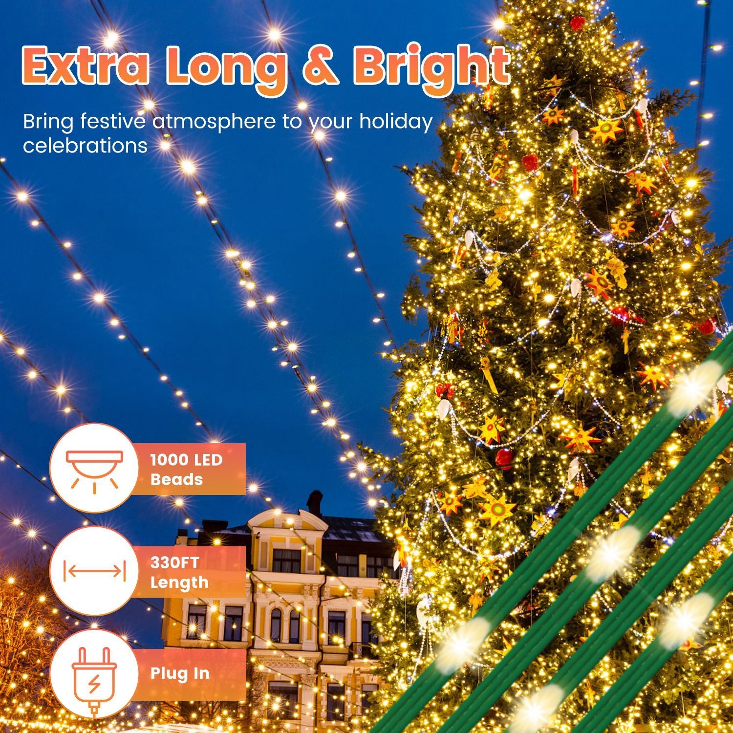 330FT Christmas String Lights 1000 LED, 8 Modes & 8 Brightness Levels with Remote & Timer, IP44 Waterproof Extra-Long Lights for Tree Patio Yard Decor Secondary image