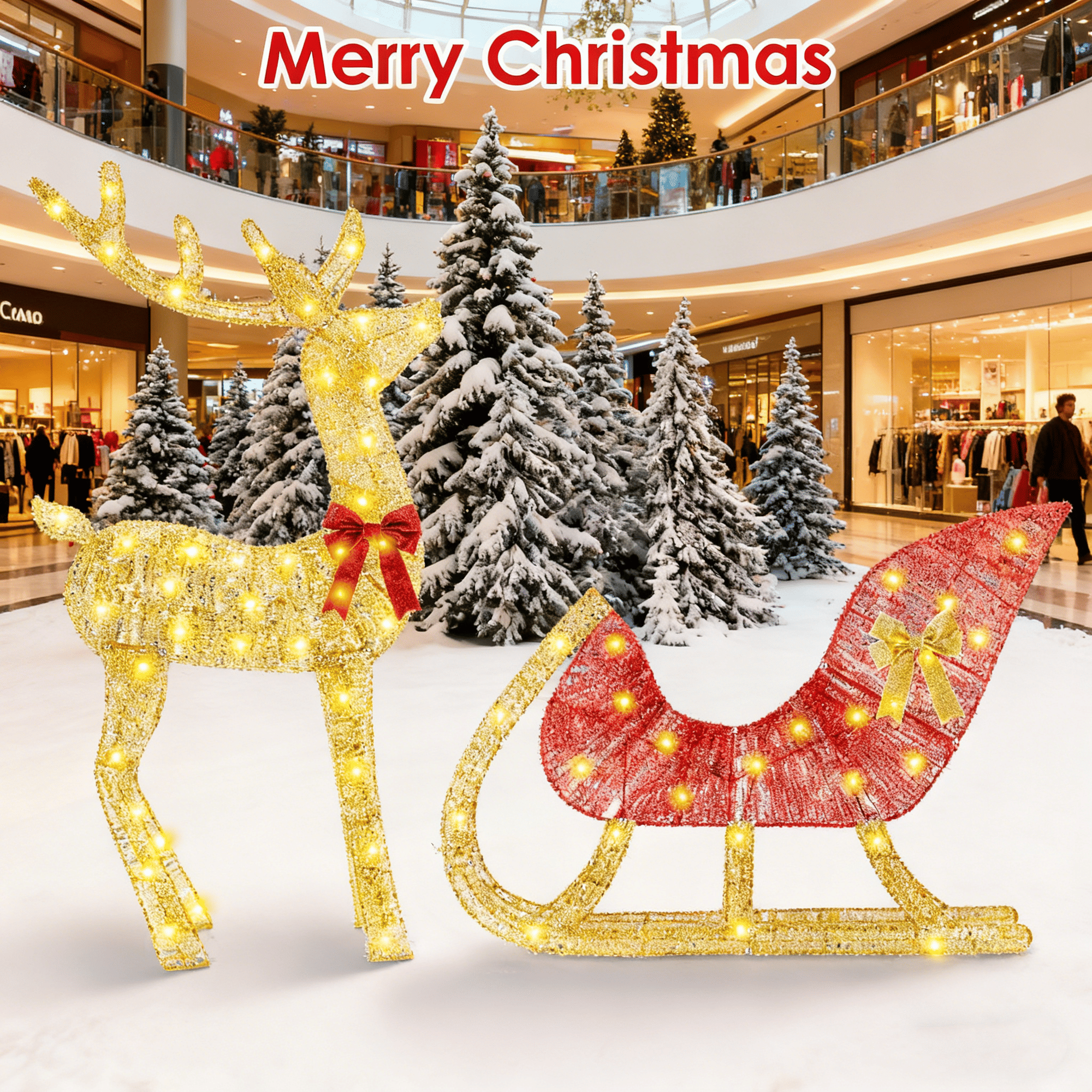 Christmas Reindeer & Sleigh Outdoor Decoration with Lights - 16.97ft LED String (Warm Yellow) 8 Modes, Sturdy Rustproof Iron Frame, Reusable Indoor Outdoor Decor for Yard Patio Party Office Secondary image