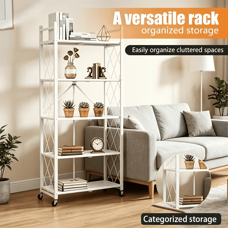 5Tier Heavy Duty Foldable Metal Rack Storage Rack, Removable Organizing Rack with Wheels, Suitable for Garage Kitchen, Black Kitchen Storage Rack, Garage Storage Organizer Rack, All-In-One Storage Secondary image