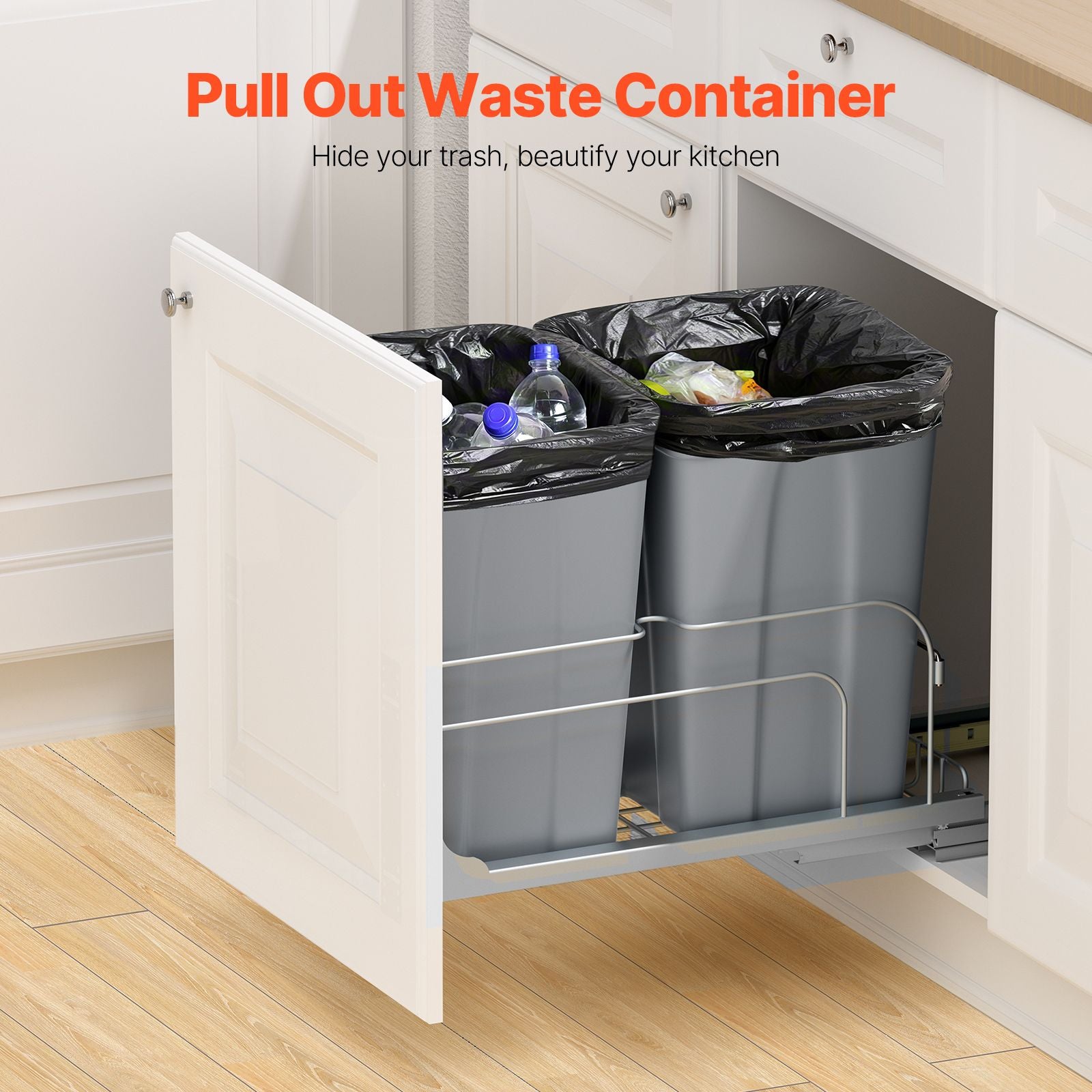 Pull-Out Trash Can, 27 QT x2 Double Under Mount Kitchen Waste Container, Heavy Duty Garbage Recycling Bin with Door Kit and Soft Close Slide, for Kitchen Cabinet, Sink, Under Counter (Grey) Secondary image