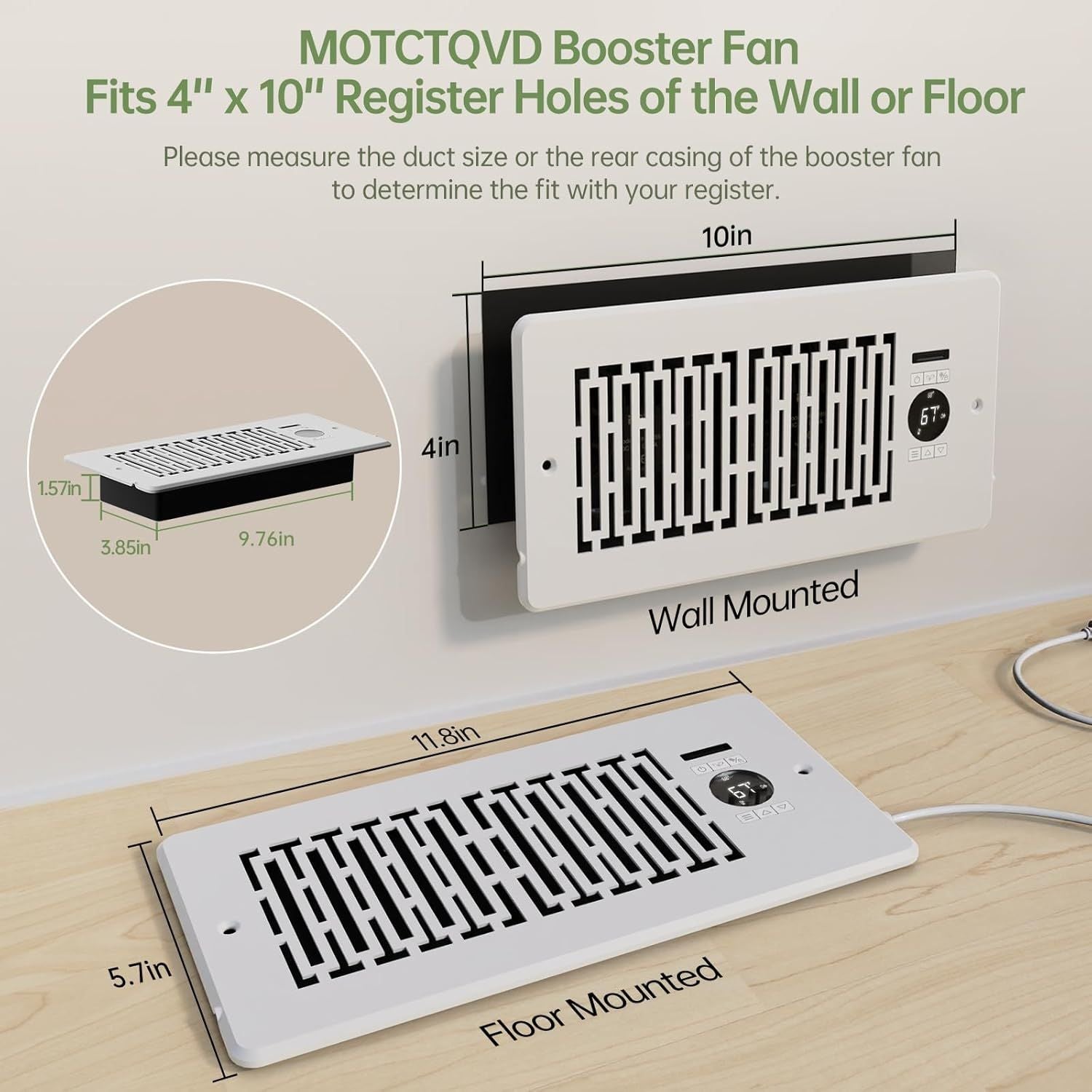 Register Booster Fan Fits 4' x 10' Register Holes, Smart Control Heating Cooling AC Vent Fan, 10-Speed Quiet Register Vent Booster Fans with Thermostat Control & Remote Control Secondary image