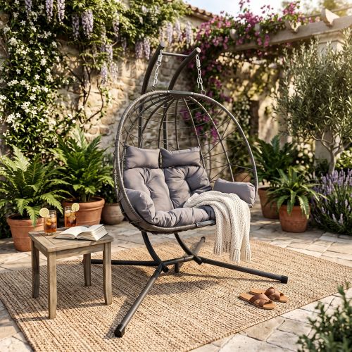 Double Hanging Egg Chair wth Stand, Patio Hammock Swing Chair with Cushion Loveseat for Bedroom, Balcony, Garden, Indoor, Outdoor,(Grey) Secondary image
