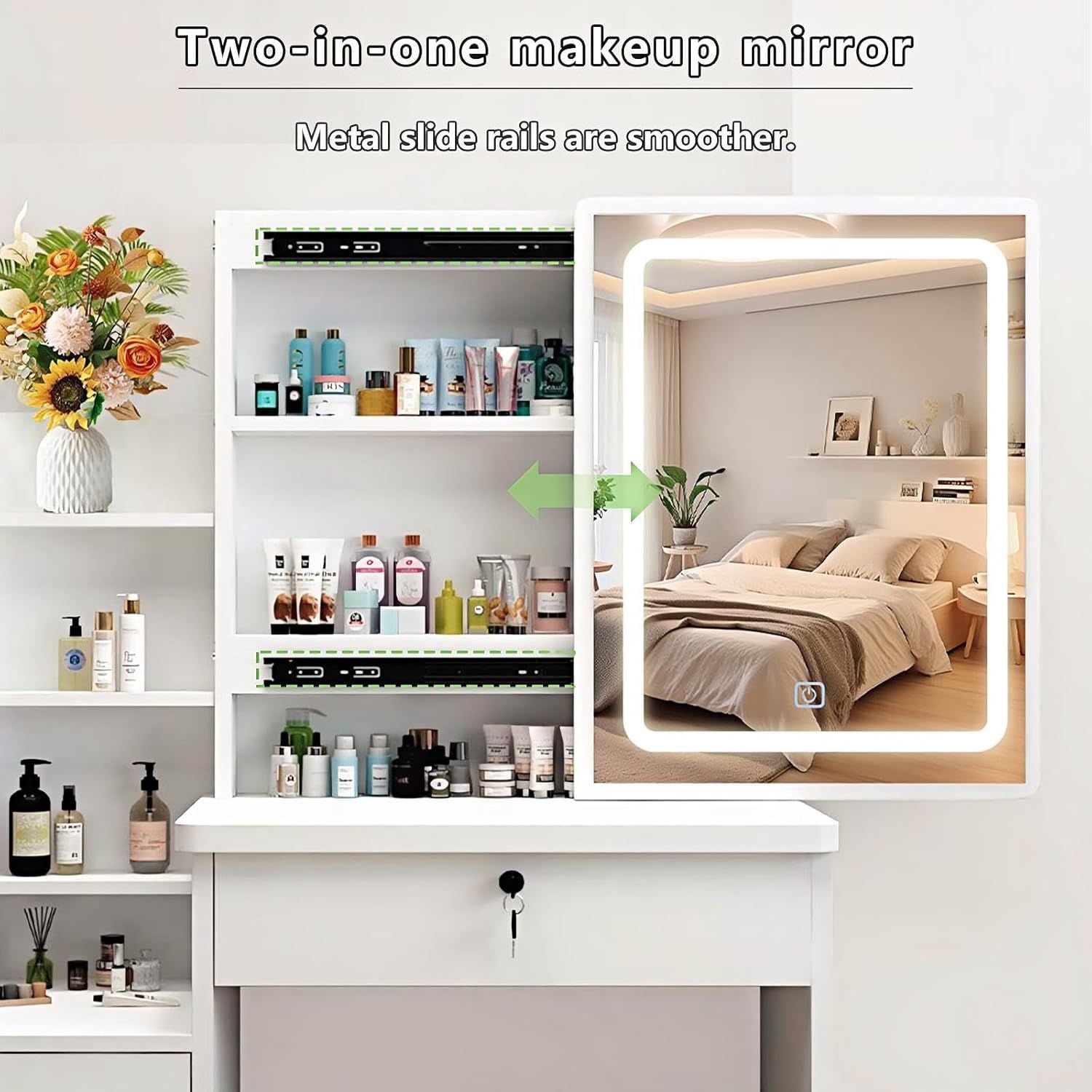 This vanity table features a mirror and three color lighting modes. It has four drawers, open shelving, a movable mirror, and shelves behind the mirror. A chair is also included, making it suitable fo Secondary image