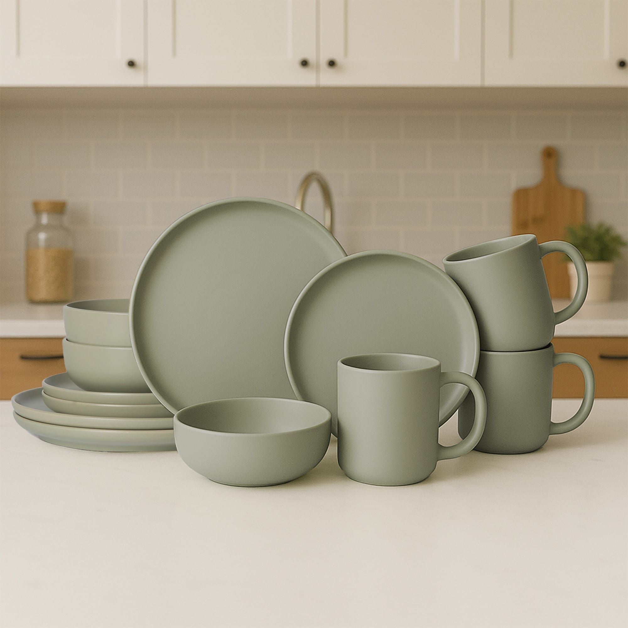 12-Piece Stoneware Dinnerware Sets with Mugs | Microwave & Dishwasher Safe | Non-Toxic Dinner Plates Bowls Set | Stackable Matte Glaze Kitchenware for 3 Secondary image