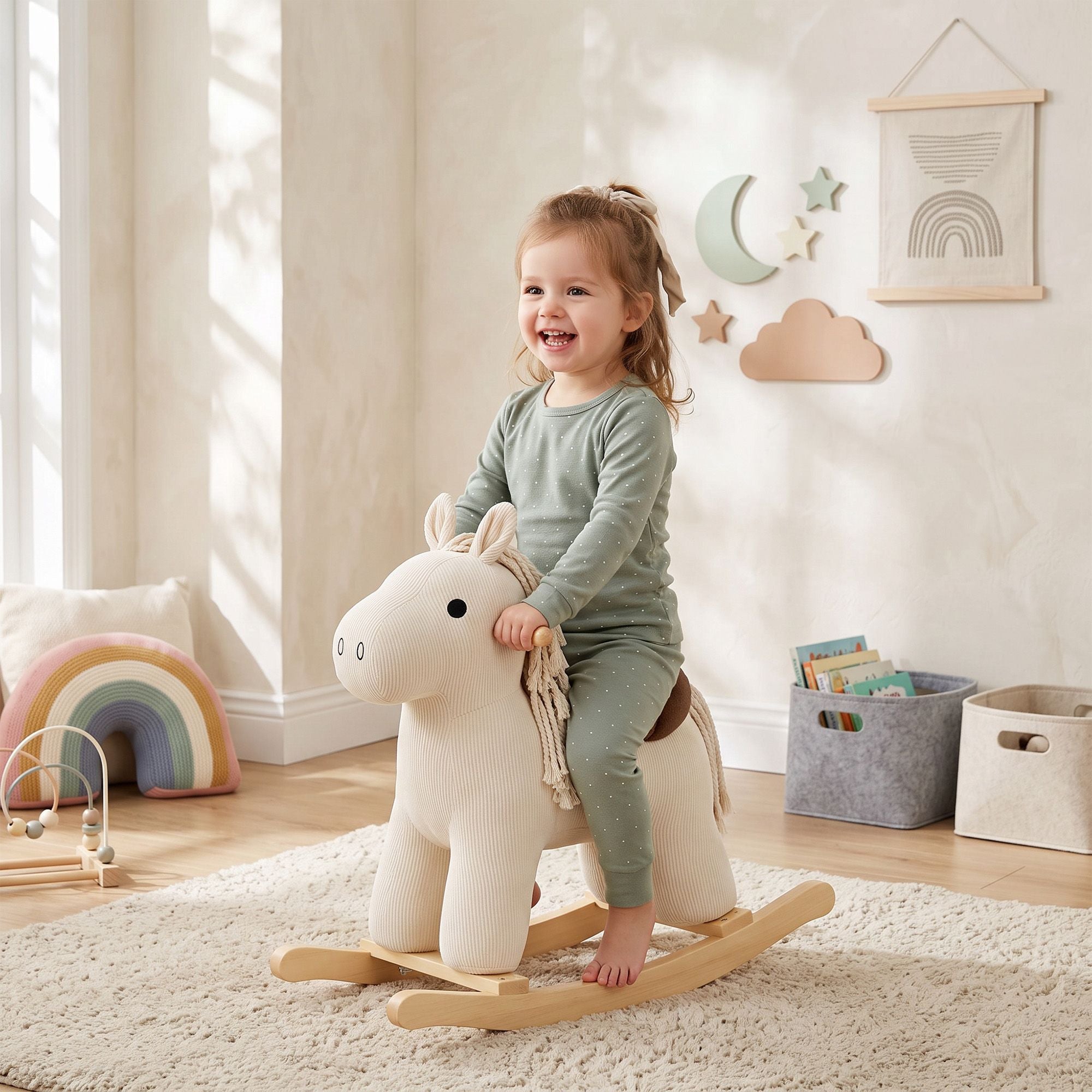 Baby Rocking Horse, Wooden Ride on Horse Toy with Realistic Sound and Rocking Limiter, Plush Ride-On Rocker for Toddlers Secondary image