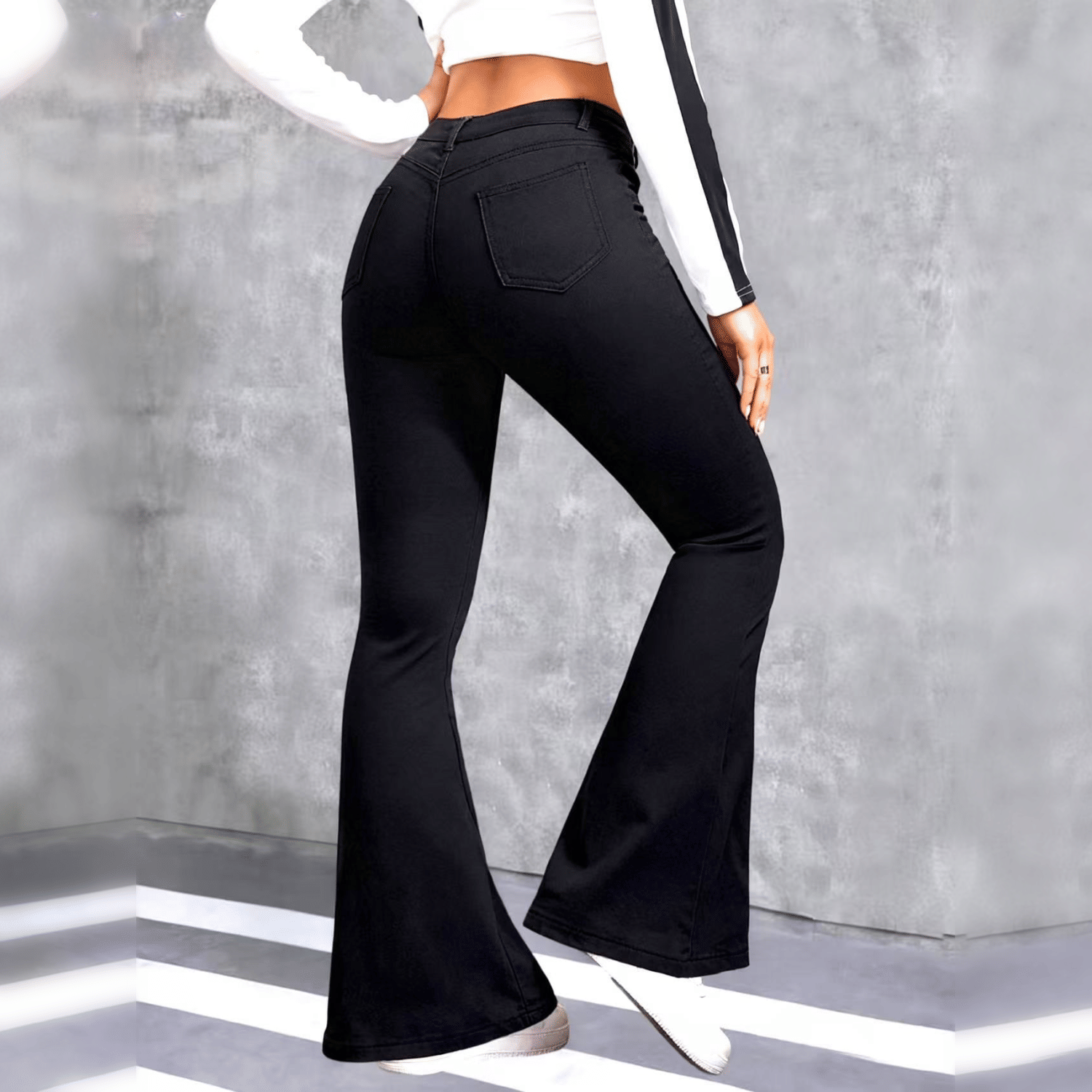 Women's High Waist Flare Jeans, Black Multi Button Front Patch Pocket Seamed Slim Bootcut Denim Pants Secondary image