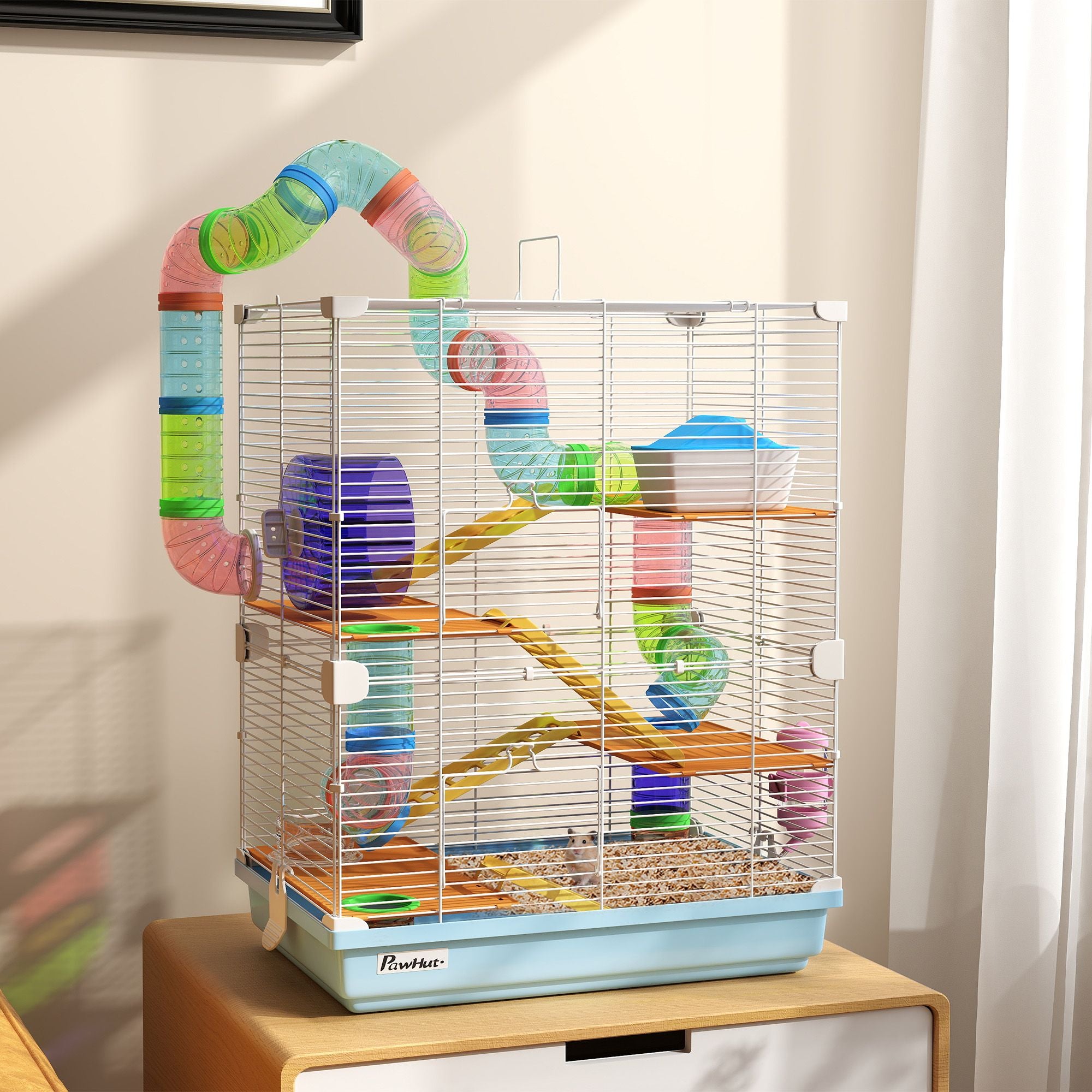 5-Tier Hamster Cage, Portable Animal Travel Carrier with Exercise Wheels, Tube, Light Blue Secondary image